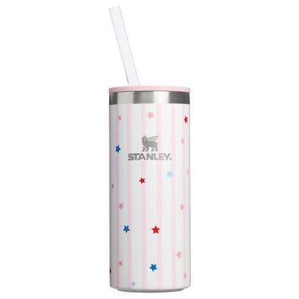 Stanley 10 oz Slim Stainless Steel All-Occasions Can Chiller with Lid and Straw Pink Starry Stripes