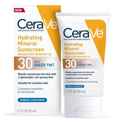 CeraVe Hydrating Mineral Tinted Face Sunscreen Lotion - SPF 30 - Deep - 1.7 fl oz: Unscented, Noncomedogenic, Paraben-Free, With Hyaluronic Acid