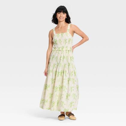 Women's Smocked Maxi A-Line Dress - Universal Thread™ Green Floral S