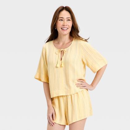 Women's Bell Elbow Sleeve Keyhole Peasant Top - Universal Thread™ Yellow Striped M