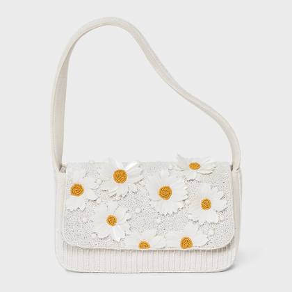 Hand Beaded Daisy Embellished Flap Shoulder Bag - A New Day™ White