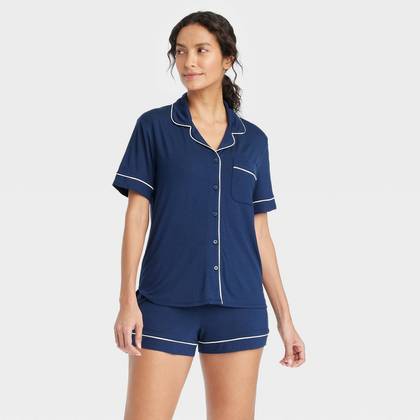 Women's Cloud Knit Modal Short Sleeve Notch Collar Top and Shorts Pajama Set - Auden™ Navy Blue M: Front Pocket, Drawstring