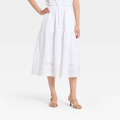 Women's Tiered Eyelet Midi Skirt - A New Day™ White M