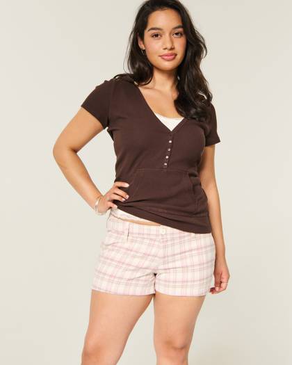 Ultra Low-Rise Plaid Twill Shortie Shorts