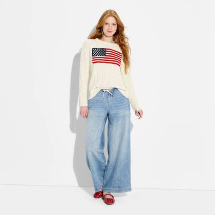 Women's Crewneck American Flag Pullover Sweater - Wild Fable™ Dark Off-White Flags M