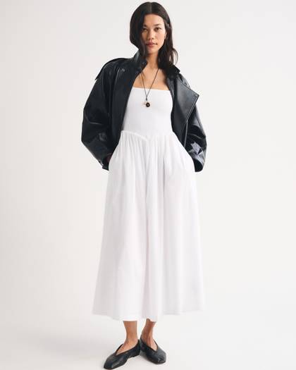 100% Cotton A&F Sydney Smocked Dipped-Waist Midi Dress