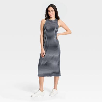 Women's Modal Ribbed Midi Dress - All In Motion™ Navy Blue Striped M