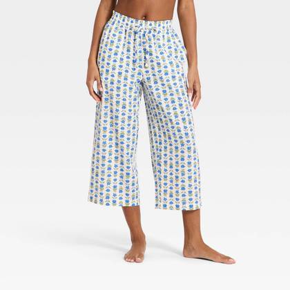 Women's Seersucker Wide Leg Cropped Pajama Pants - Auden™ Blue Floral XL