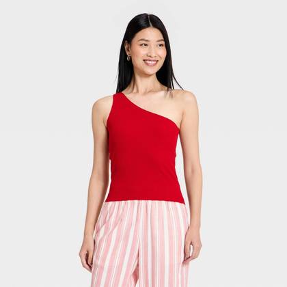 Women's One Shoulder Rib Knit Tank Top - A New Day™ Red S