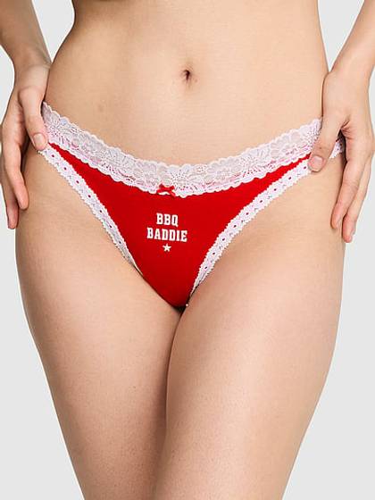 Cotton Lace-Trim High-Leg Thong Panty