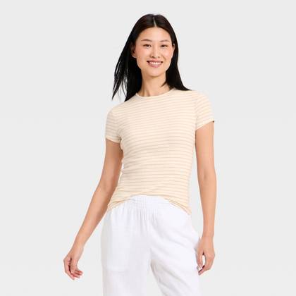 Women's Modern Ribbed T-Shirt - A New Day™ Beige M