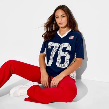 Women's USA Lace Short Sleeve Graphic Jersey T-Shirt - Blue XS