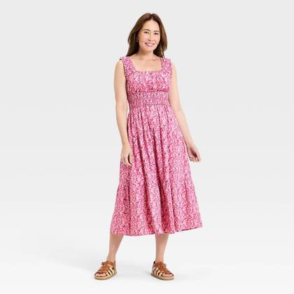 Women's Sleeveless Button-Front Smocked Maxi Empire Waist Dress - Universal Thread™ Pink Floral XS