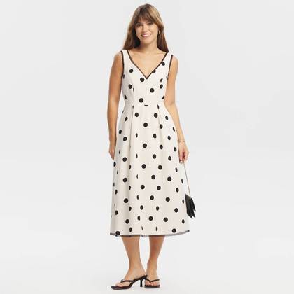 Women's Contrast Lace Trim Midi Dress - A New Day™ Cream Polka Dots S