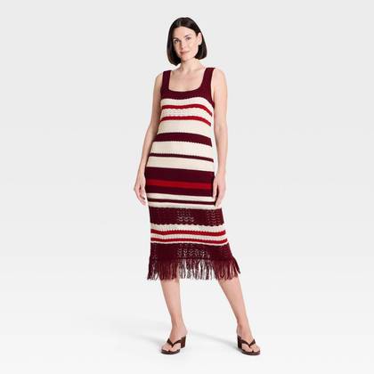 Women's Bodycon Midi Fringe Sweater Dress - A New Day™ Burgundy Striped S