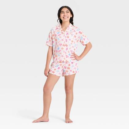 Girls' Short Sleeve Button-Up Pajama Set - art class™ Cream XXL