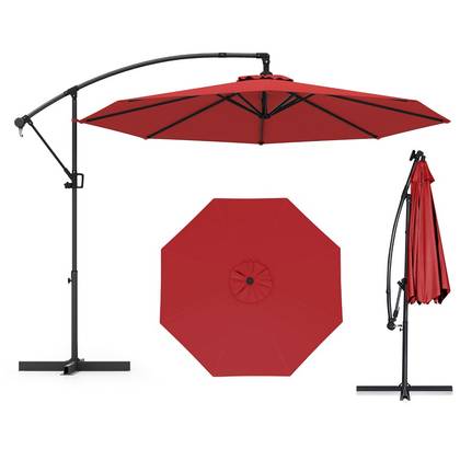 Costway 10 FT Patio Offset Umbrella w/ X-shaped Base Infinite Tile & 360° Rotation Red