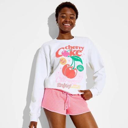 Women's Crewneck Cherry Coke Graphic Pullover Sweatshirt - White L