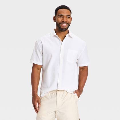 Men's Short Sleeve Seersucker Button-Up Shirt - Goodfellow & Co™ Cream L