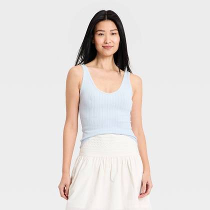 Women's Western Lace Trim Pointelle Tank Top - Universal Thread™ Blue L