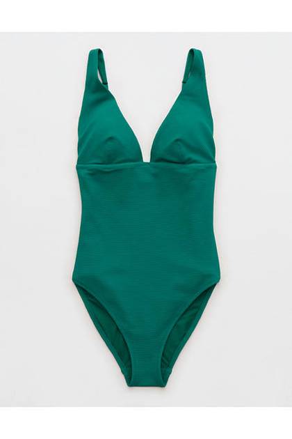 Aerie Pique Full Coverage One Piece Swimsuit Deep Forest