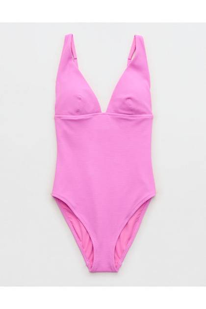 Aerie Pique Full Coverage One Piece Swimsuit Pink Tropics