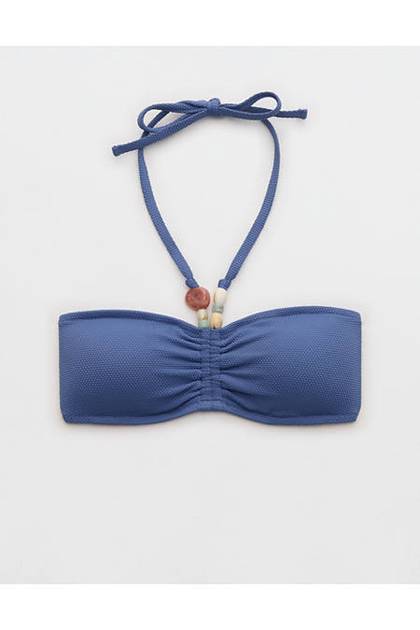 Aerie Pique Ruched Bandeau Bikini Top Marbled Blue
