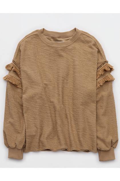 Aerie Textured Oversized Crew Sweatshirt Toasted Almond