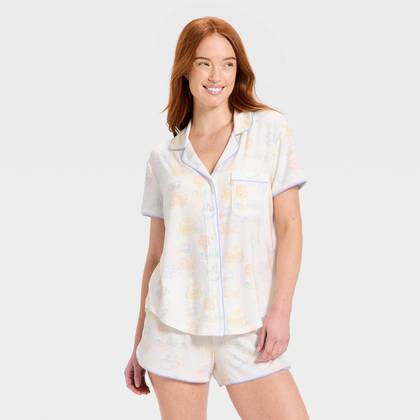 Women's Short Sleeve Notch Collar Shirt and Shorts Pajama Set - Auden™ Cream M
