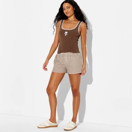 Women's Brown Gingham Graphic Pull-On Shorts - Brown XS