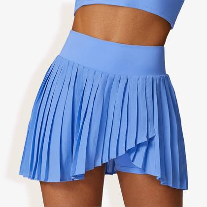 Anna-Kaci Active Women's High Waist Pleated Skort with Built-In Shorts and Asymmetrical Wrap Design- Small, Blue