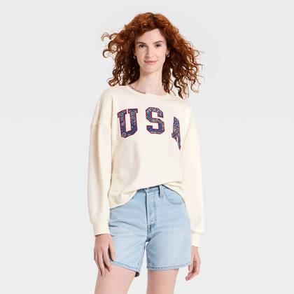 Women's Americana Pullover Sweatshirt - Universal Thread™ Cream Letters S