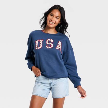 Women's Americana Pullover Sweatshirt - Universal Thread™ Navy Blue Letters S