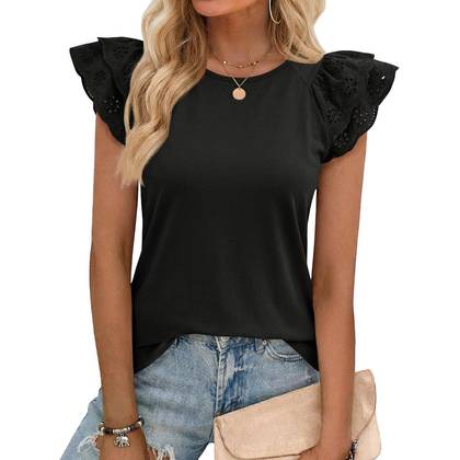 Imily Bela Womens Summer Lace Trim Ruffle Cap Sleeve Top Black L