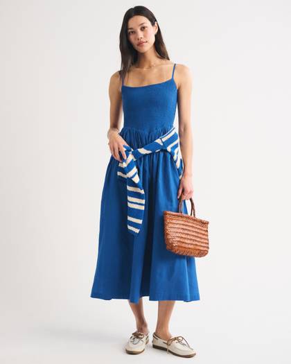 100% Cotton A&F Sydney Smocked Dipped-Waist Midi Dress