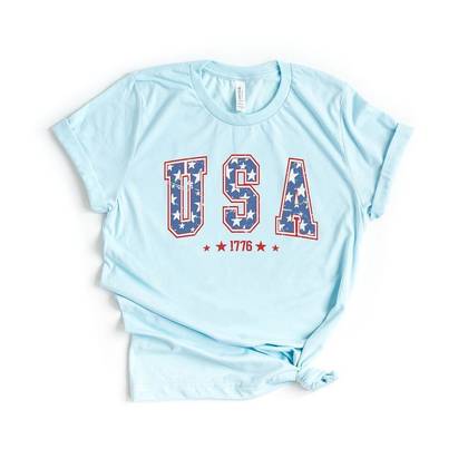 Simply Sage Market Women's USA Varsity Stars Short Sleeve Graphic Tee - XS - IceBlue