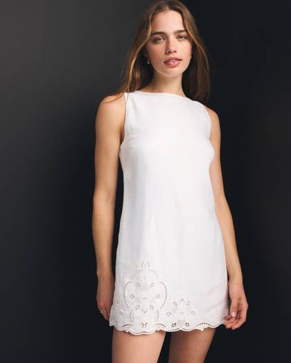 100% Linen Lace Cutwork Shift Mini Dress