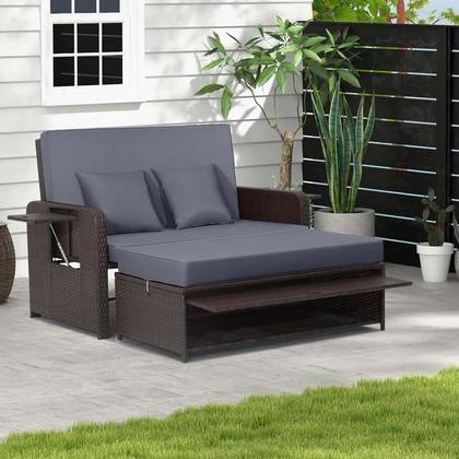 Costway Patio Rattan Loveseat Set Daybed Lounge Storage Ottoman Side Tables Adjust Gray