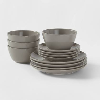 12pc Stoneware Avesta Dinnerware Set Gray - Threshold™: Modern Solid Dish Set, Service for 4, Microwave & Dishwasher Safe