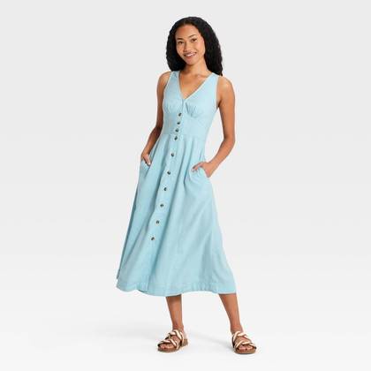 Women's Woven Button-Front Midi Sundress - Universal Thread™ Light Blue XS