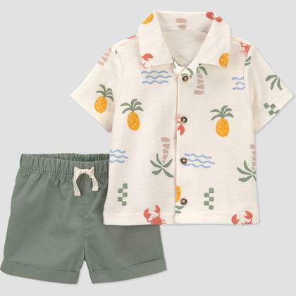 Carter's Just One You® Baby Boys' 2pc Tropical Button-Down T-Shirt and Shorts Set - Green/Ivory 18M