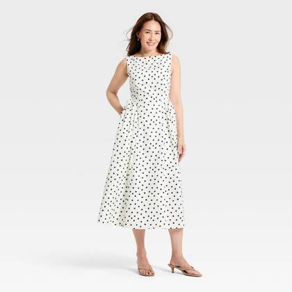 Women's Corset Midi A-Line Dress - A New Day™ White Polka Dots S