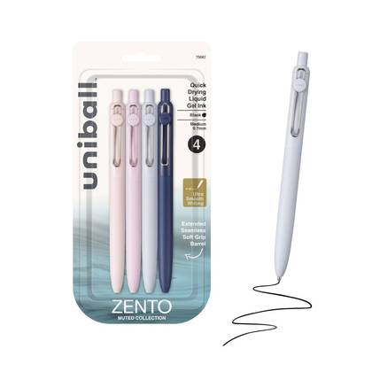 uniball Zento Retractable Liquid Gel Pens, 0.7mm Medium Point, Black Ink, Muted Barrel Colors, 4ct – Smooth, Quick-Drying Gel Ink