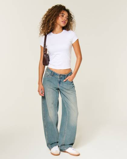Hollister Andi Adjustable Waist Ultra Low-Rise Medium Wash Barrel Jeans