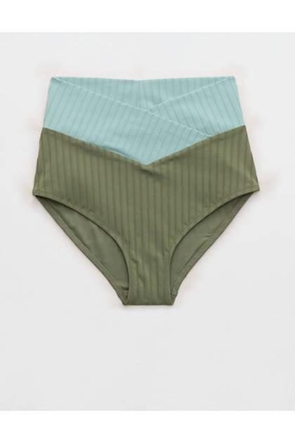 Aerie Ribbed High Waisted Full Coverage Bikini Bottom Olive Fun