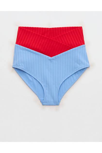 Aerie Ribbed High Waisted Full Coverage Bikini Bottom Horizon Sky