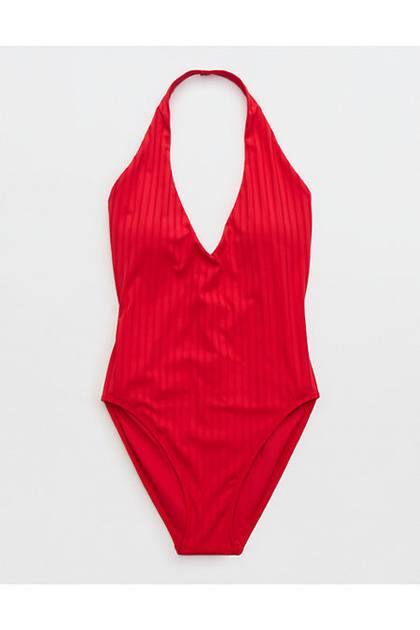 Aerie Ribbed Halter Full Coverage One Piece Swimsuit Chilly Red