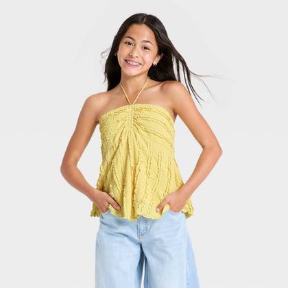 Girls' Strapless Textured Knit Babydoll Tank - art class™ Yellow S