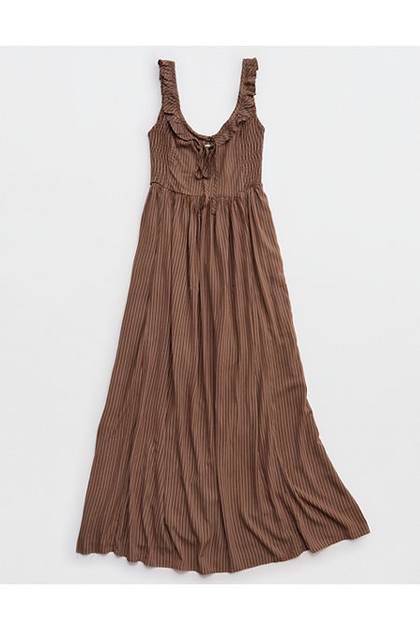 Aerie Happy & Drapey Side Smocked Dress Hazelnut