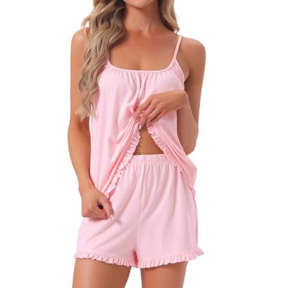 INSPIRE CHIC Women's 2 Pcs Pajama Set Loungewear Spaghetti Straps Sleeveless Ruffles Cami Top and Shorts Sets 2026 Small Pink